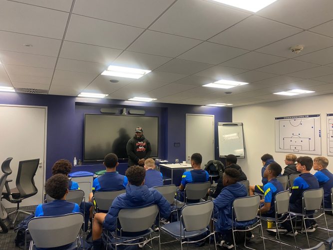 Mr Beezy speaking to Tottenham FC Youth Academy